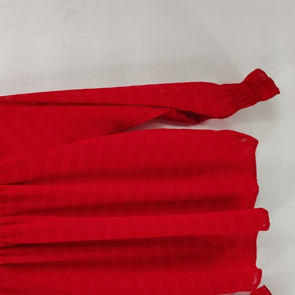 LOFT Smocked Cuff Blouse Red Size Small Lined Stretch Collar Peasant Top - Picture 5 of 9